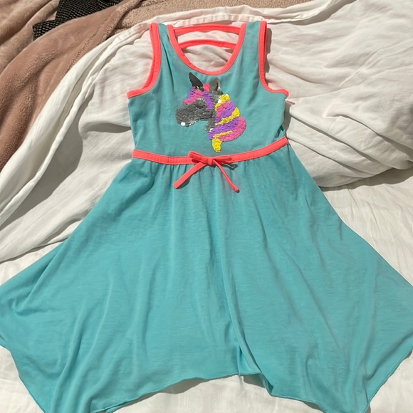 Pink Violet 6x turquoise fit n flare hi low hemline sequined unicorn flip euc - Picture 1 of 10